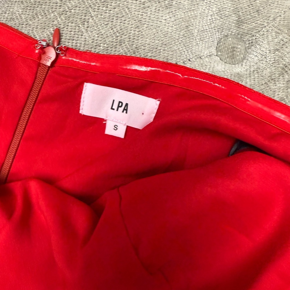LPA The Label Dress 146 red tie front off shoulder puff sleeve linen viscose S - Picture 7 of 11